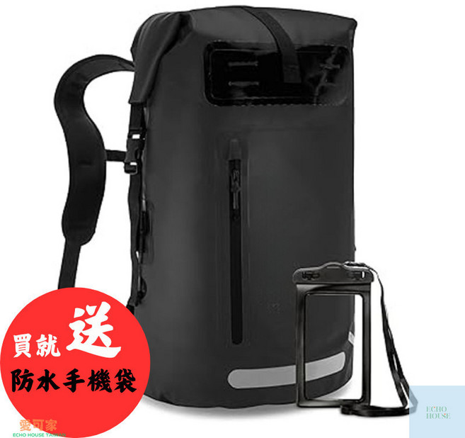 PVC 密封大容量防水包 20L 雙肩背包 溯溪 登山 徒步專用包, 黑色