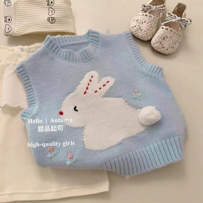 小不點兒 女童秋季背心上衣 韓版童裝女童針織馬甲藍色可愛兔子無袖兒童毛衣