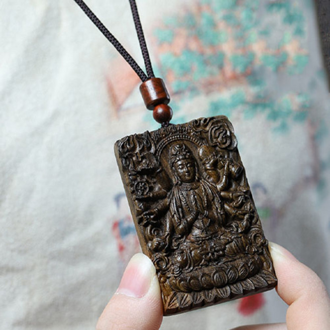 티큐 흑단목 소원성취 평안 행운 불교 관세음보살 부처님 불상 장식 목걸이 A1763, 1개