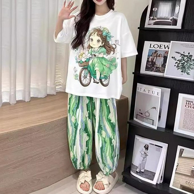 스타일아유 여성 캐릭터 스트라이프 체크 프린트 파자마 반팔 긴바지 홈웨어세트 SE1824-1829