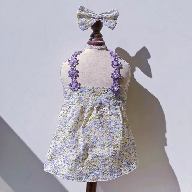 포아틀리에 반려동물 진주 스트랩 꽃무늬 원피스 강아지 고양이 봄여름 통기성 공주드레스 소형견 귀여운 청순 원피스, 1개, 퍼플
