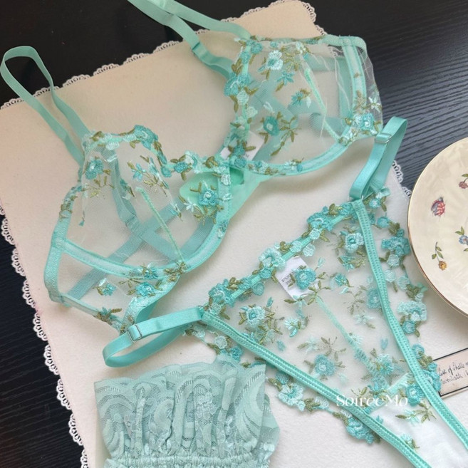 셀럽당 섹시 브라 투명 레이스 자수 팬티 세트