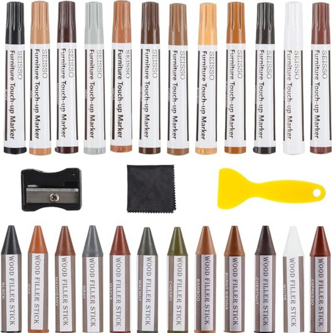 가구 흠집제거 마카펜 가구보수펜 메꿈이 스크래치 마크 +크레용 각 12색 혼합색상 한세트, 24개