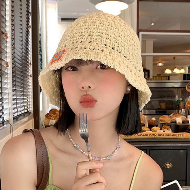 [Bahn 5컬러] 니트 라벨 여성 라피아햇 왕골모자