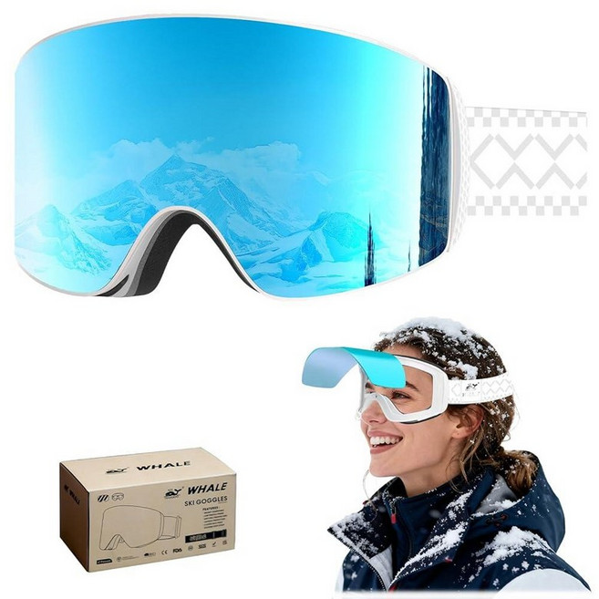 Whale 스키 고글 OTG 김 서림 방지 프레임리스 눈/스노보드 미러 렌즈 남성 여성 청소년용 - 자외선 차단 블루 프레임 렌즈-S2-25% [호환], Blue Polarizer, Adult/Large