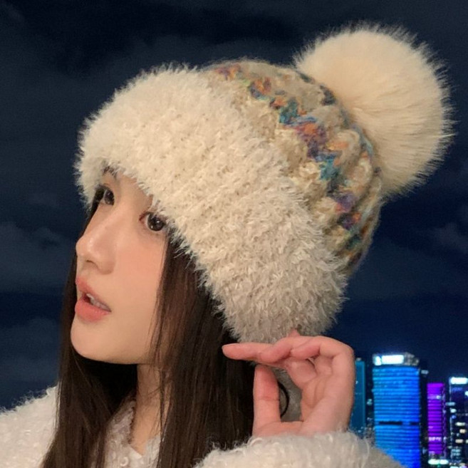 패션 여성 기모 니트 모자 여성 겨울 방한 두꺼운 구조 아웃귀마개 모자 패션 대형 방울 니트 JXH