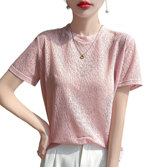 여성용 비스코스 라운드넥 패턴 반팔 니트 티셔츠 데일리 부드러운 스판 이너티 ZH520