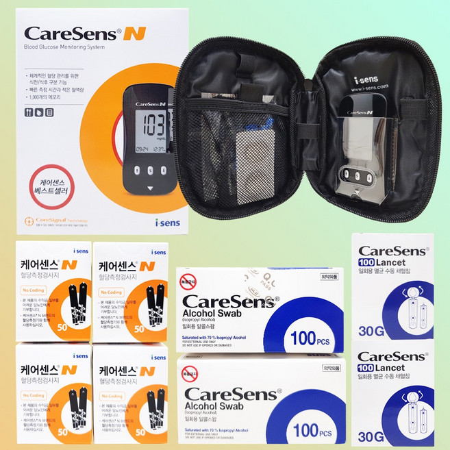 케어센스 N 자가혈당측정기+시험지210매+침210+솜200 개인용 공복혈당 체크 기계, 1세트, 케어센스N 측정기+시험지210매+침210+솜200