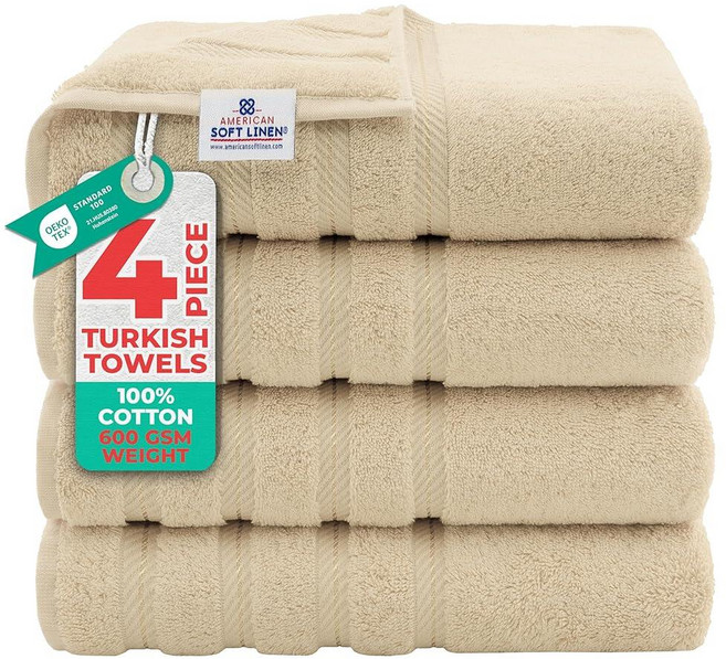 American Soft Linen 욕실용 럭셔리 수건 600 GSM 100% 면 4피스 터키산 워시 천 세트 몸과 얼굴용 33 x 33cm13 13인치 부드러운 걸레 라, 27x54" Bath Towel Set, Beige