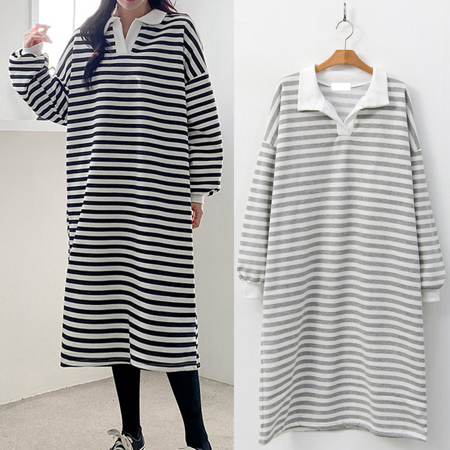 러브포텐 빅사이즈 기모 원피스 카라넥 단가라 원피스 시즌정리특가