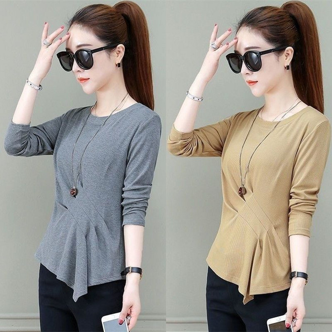 1+1 여성 긴팔 티셔츠 캐주얼 봄 가을 긴팔티 기질 여자 슬림핏 언밸런스 셔링 레깅스 상의 LPC