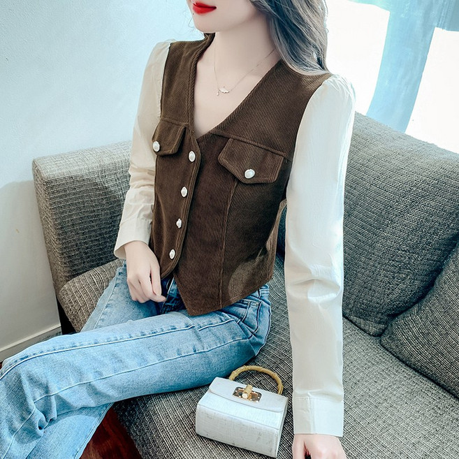 가을 휴가 투피스 패치 브이넥 긴팔 코듀로이 셔츠 여 디자인 감각 숏 탑