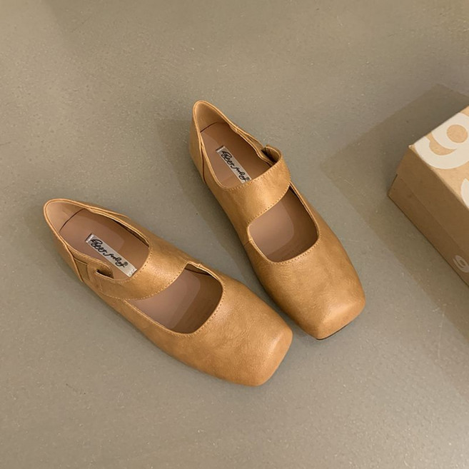 UNIQUEZON 여성 양가죽 스퀘어 메리제인 슈즈 봄 여름 발편한 플랫 단화