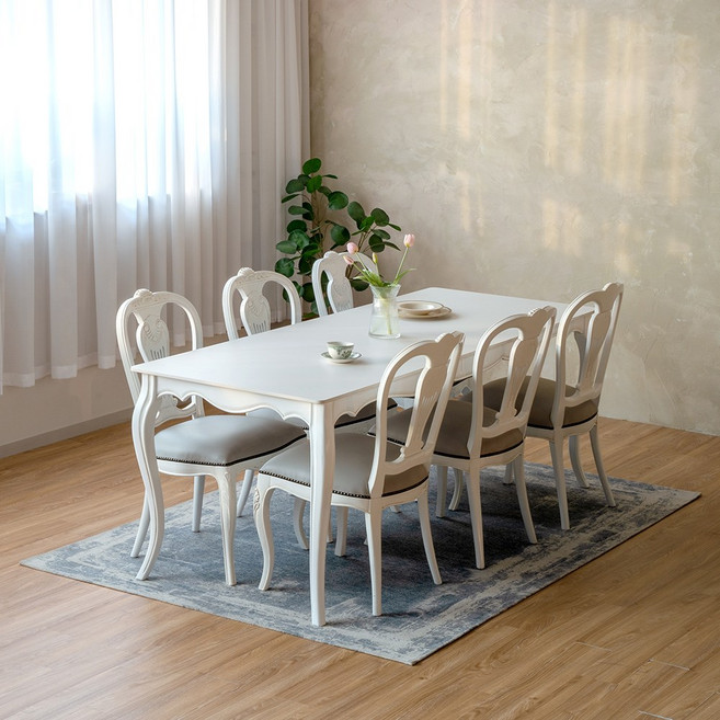 피어젠가구 로사 프렌치 앤틱 6인용 포세린 세라믹 원목 식탁 봄베이 의자 세트, 로사 세라믹식탁+의자3+3인벤치1