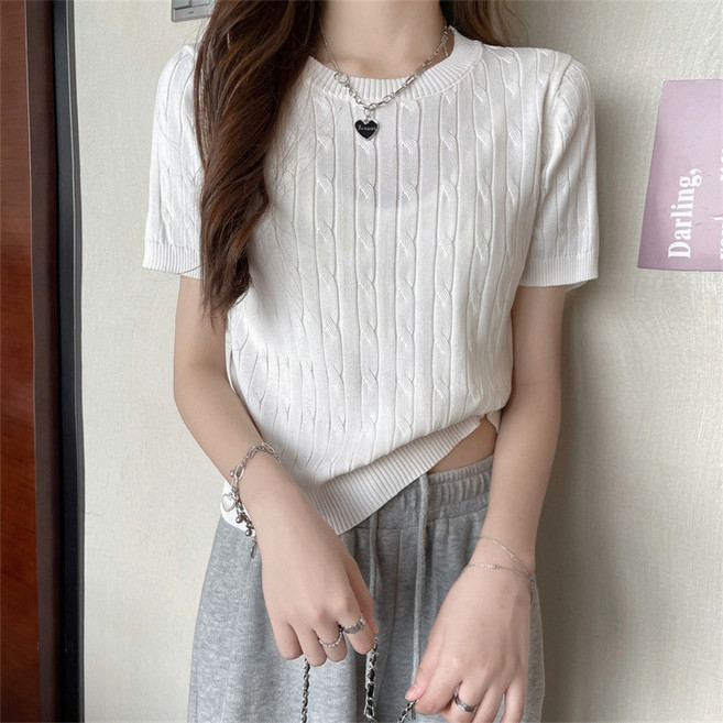 여성 케이블 반팔 니트 티셔츠