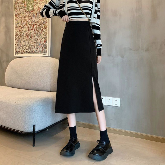 大尺碼高腰顯瘦開叉中長款A字裙