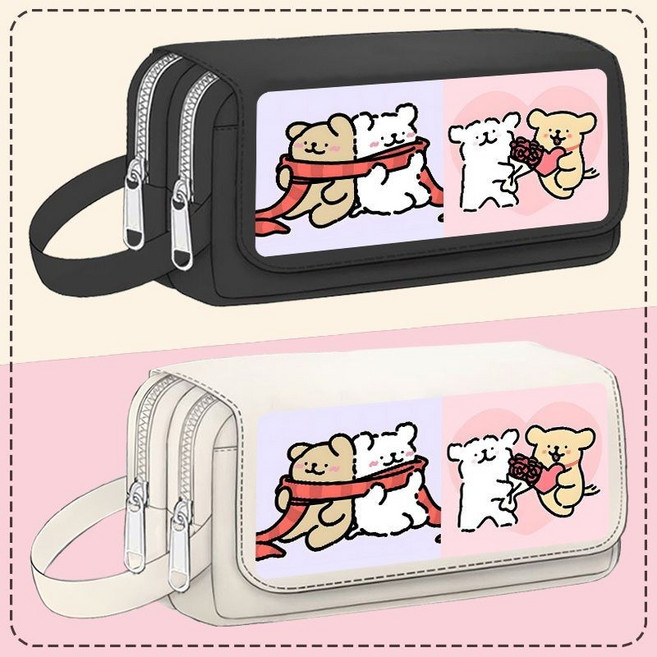 線條小狗 馬爾濟斯犬 三層大容量收納袋 文具盒, 1個, 圍巾花束小狗,白蓋白色翻蓋單個筆袋