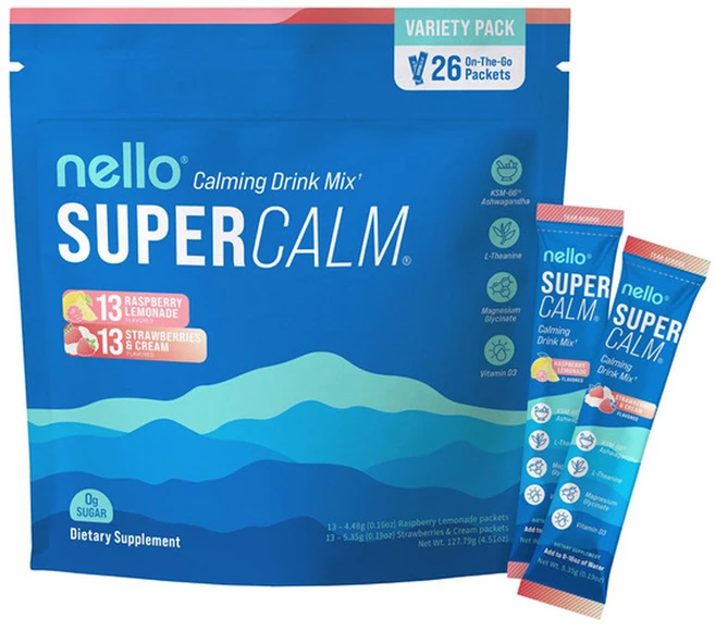 Nello Supercalm 넬로 슈퍼캄 파우더 드링크 믹스 라즈베리 레모네이드 스트로베리 크림, 1박스, 26개입, 4.45g - 쿠팡