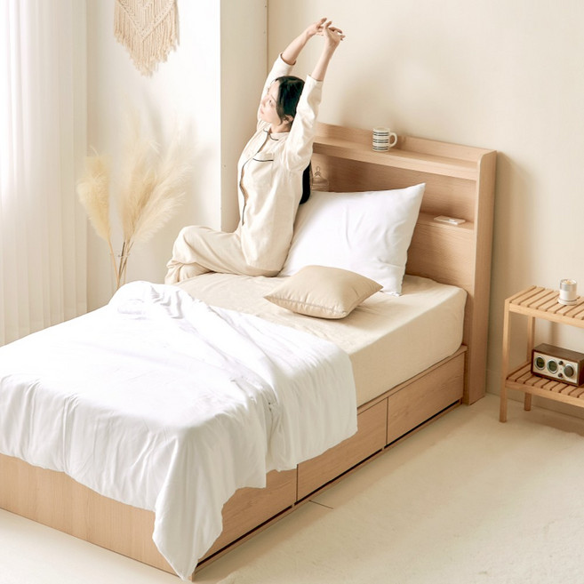 (매트포함)보루네오 국내생산 LED 멀티수납 통서랍 카이언 침대+독립스프링 유로탑 매트리스, 01.오크