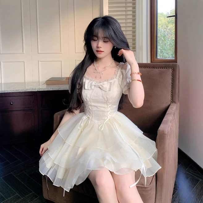 여성 미니 드레스 리본 프릴 오간자 롤리타 데이트 드레스