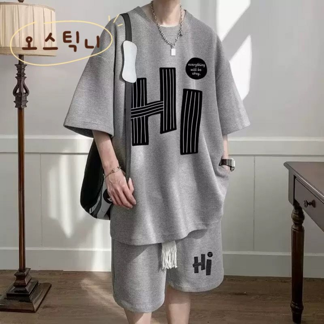 오스틱니 남성 여름 초특가 빅사이즈 라운드넥 프린트 루즈핏 캐주얼 트레이닝 반팔 세트