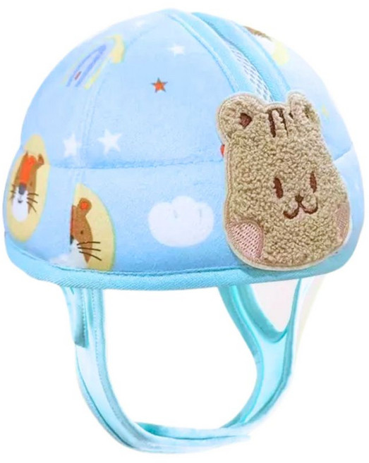 嬰兒學步防摔帽 藍底松鼠 可調式護頭安全帽 輕盈透氣減震防撞, 1個