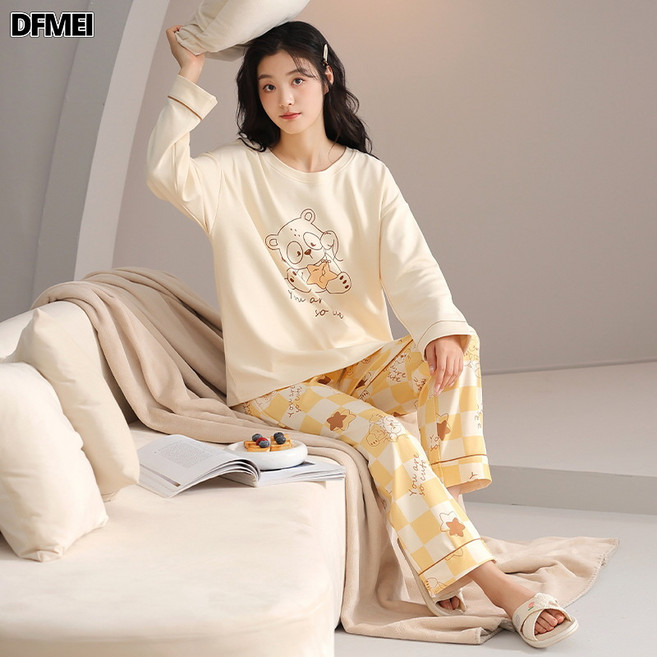 QRU 睡衣女秋冬款春秋款女士女款冬季純棉長袖優質家居服套裝