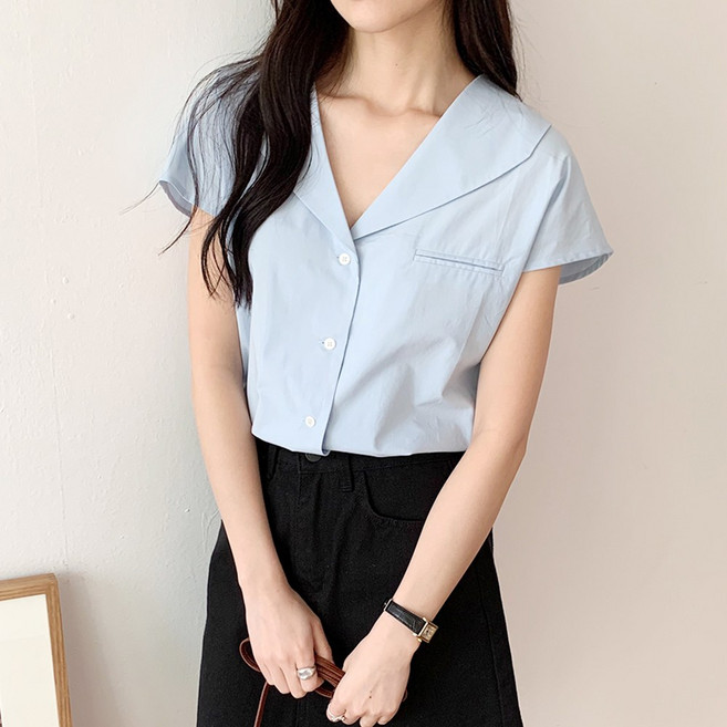 [SML] 여성 여리핏 반팔 세일러 카라 블라우스 반팔 데이트 출근룩 오피스룩 브이넥