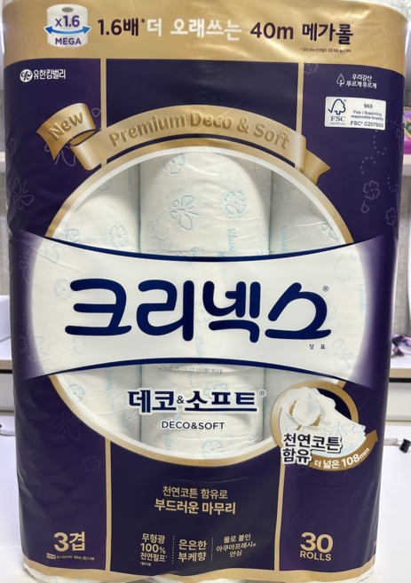 크리넥스 데코앤소프트 화이트 와이드 3겹 천연펄프 화장지 33m, 1개, 30개입, 40m