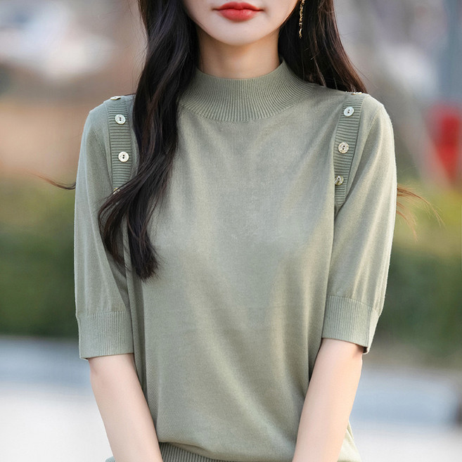 여성 빅사이즈 반목 5부 반팔 니트티 JR-730