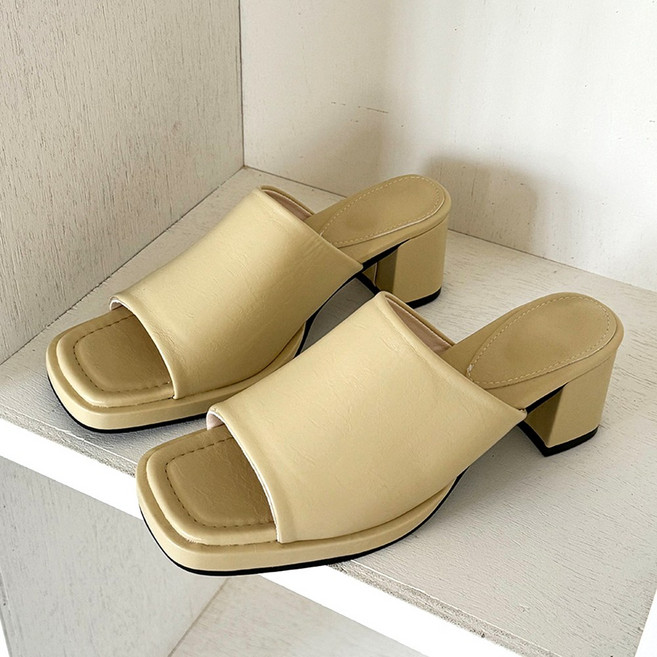 꼼지락 가보시 스퀘어 토오픈 뮬 슬리퍼 힐