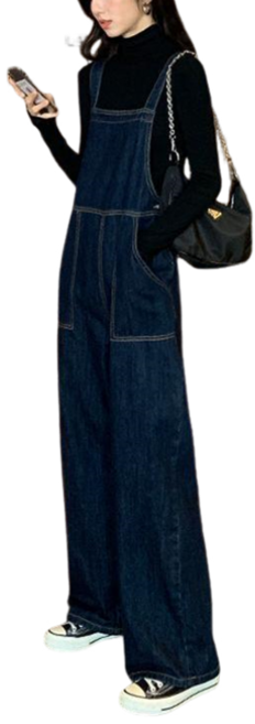여성용 하이웨스트 루즈핏 빅포켓 스트레이트 데님 멜빵바지