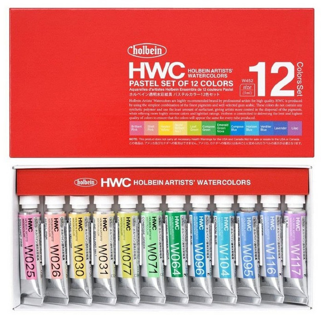 홀베인 파스텔 칼라 W452 투명 수채화 물감 5 ml 2호 12 색 세트 홀바인 03452 일본제 Hollbein Pastel Watercolos, 단일상품ml