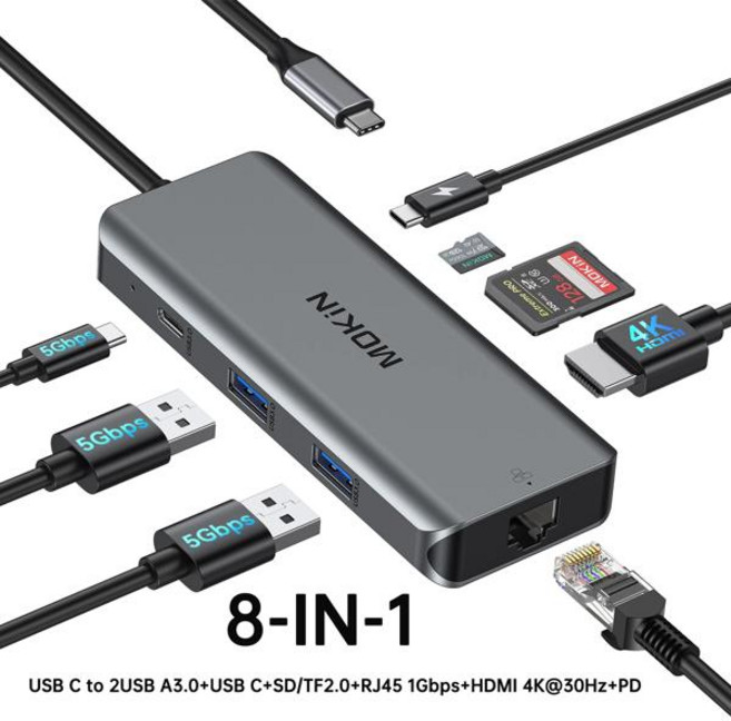 MOKiN 8K 12 in 1 USB C 허브 멀티포트 트리플 디스플레이 도킹 스테이션 2HDMIDPUSB 3.1RJ45오디오PD 100W 어댑터MacBook Pro용, [03] 8 IN1(HDMI USB3.0, 1개