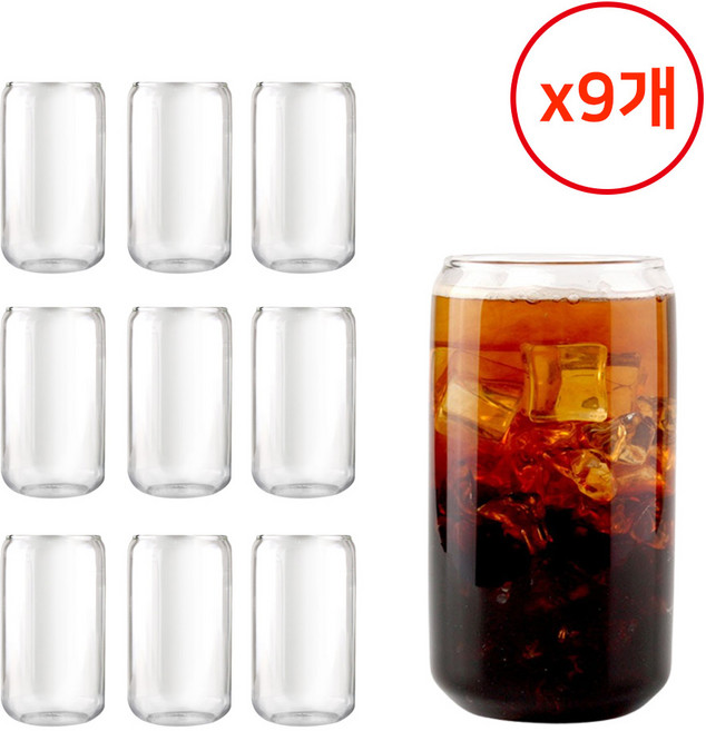 캔모양 유리컵 400ml 9개입 세트 맥주컵 캔컵 글라스 음료 라떼 아메리카노 카페컵, 9개, 투명