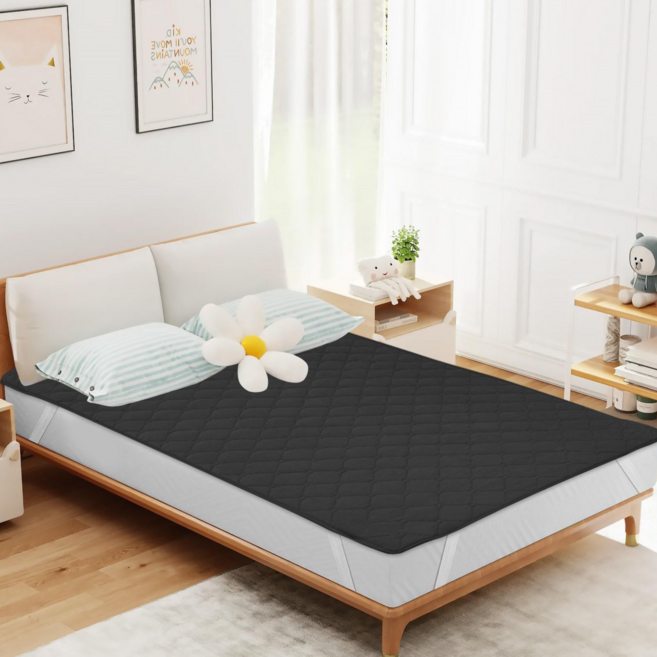 사계절 부드럽고 침대패드 고정밴드 항균 알러지케어 슈퍼싱글 퀸 킹, 블랙