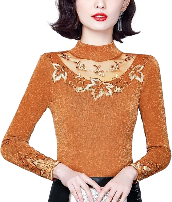 여성용 라인댄스복 레이스 자수 펀칭 긴팔 티셔츠 Women's T-shirt 8T629