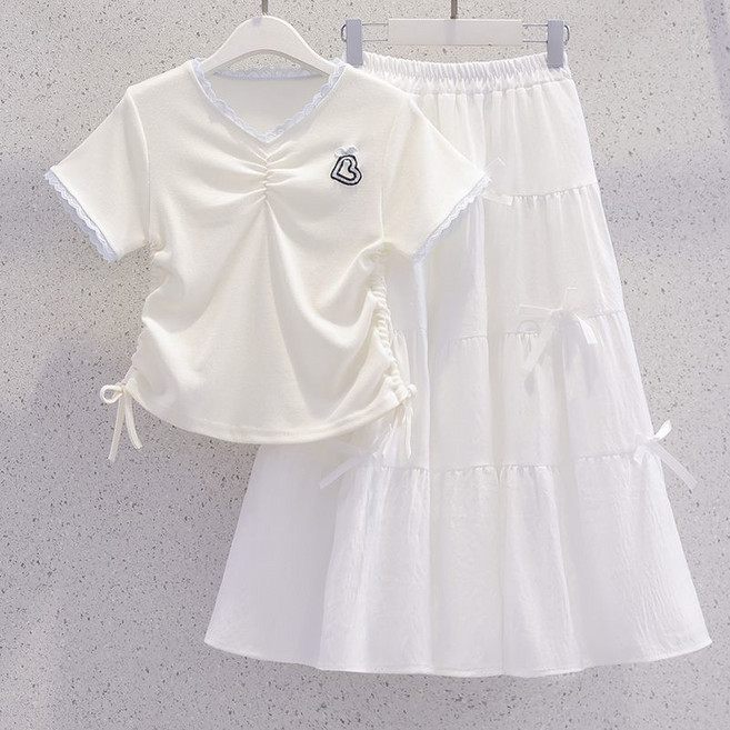 해피유통 여아 여름 반팔 V넥 조절 가능한 세트 심플 레이어드 치마디자인14세 이상