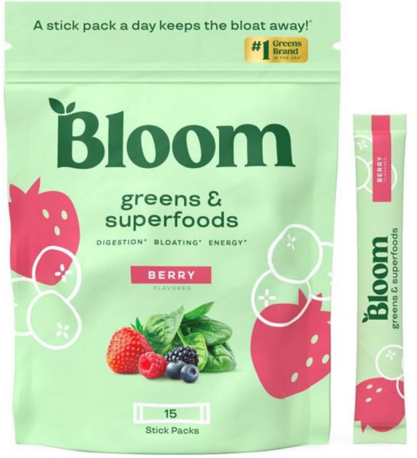 Bloom Nutrition 블룸 뉴트리션 슈퍼푸드 그린 파우더 소화 효소와 프로바이오틱스 프리바이오틱스 포함 장 건강 복부 팽만 완화 클로렐라 비트 뿌리 파우더가 함유된 주스, Berry_15 Servings (Pack of 1), 1개