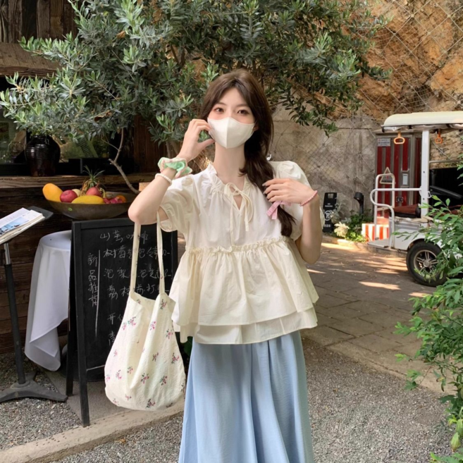 木耳邊 娃娃衫 上衣 寬鬆 泡泡袖 韓系 甜美 系帶