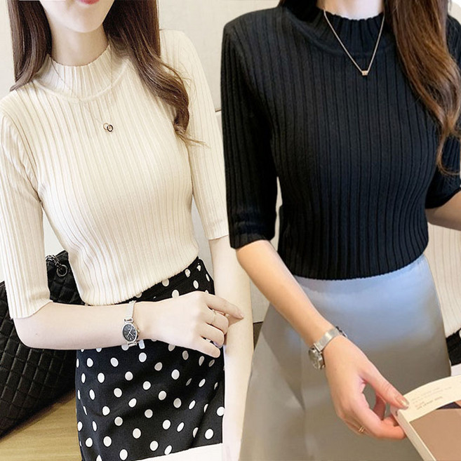 후쿠호 1+1 여성용 반목 폴라 5부 반팔 니트 티셔츠