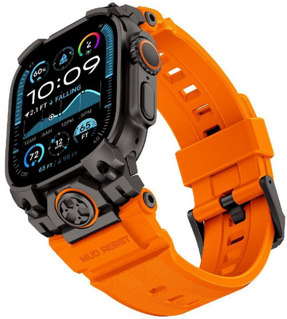 애플워치 울트라 3세대 스트랩 메카 베젤 일체형 케이스 실리콘 밴드, 49mm (Ultra 1/2/3 세대), 주황색 검정색 버클