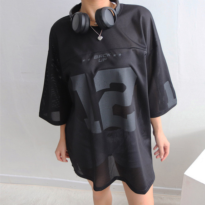 (3color)여성용 스타 12 캐주얼 박스핏 매쉬 저지 반팔티셔츠