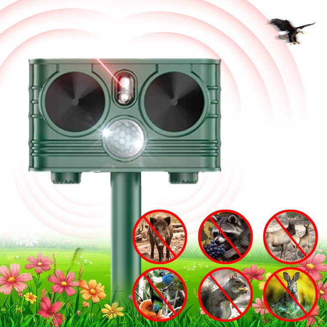 태양광 초음파 새로운 초음파 플래시 동물 퇴치기 레이저 새 퇴치 뱀쥐 적외선 감지 3 in 1 두더지퇴치기, GE(7016)