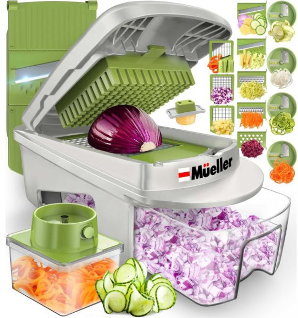 Mueller뮬러 프로 시리즈 올인원 주방용 블레이드 만돌린 슬라이서 12개 푸드 채퍼 야채 및 스파이럴라이저 커터 다이서 그레이터 용기 포함 주방 가젯 세트 화이트 샌드/다크, White Sand/Green, 1개