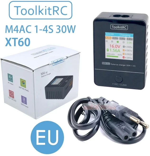미래 비행 ToolkitRC M4AC 30W 2.5A TFT 인치 컬러 LCD 화면 밸런스 충전기 2S -4S Lipo RC 레이싱 드론 배, 01 M4AC EU XT60, 1개