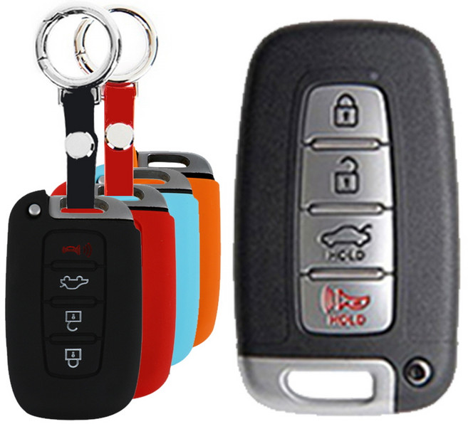 바이디지탈 현대 기아 호환 아반떼 쿠페 에쿠스 제네시스 크루즈 k5 k5 스포티지 쏘렌토 모하비 쏘울 4버튼 스마트키 / 실리콘 차 키홀더+후크 키링 세트, 실리콘 차키케이스+링후크, 레드