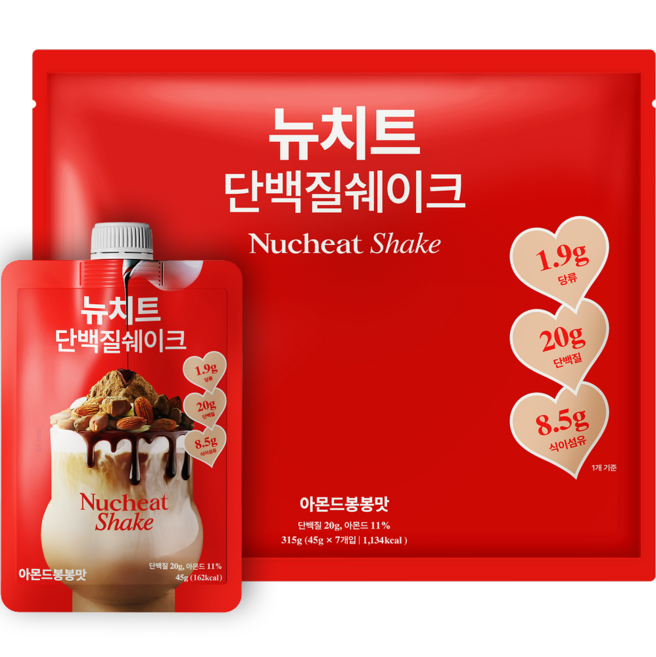 뉴치트 단백질 쉐이크 파우치 아몬드봉봉맛, 45g, 7개