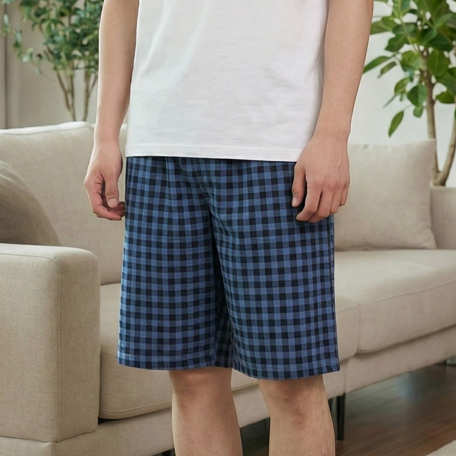 고슬고슬한 촉감 남성 여성 깅엄 체크 5부 주머니 반바지 파자마 잠옷 바지 P-1015