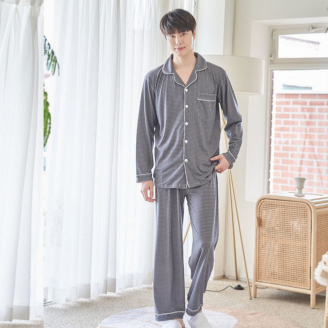 도씨 남성용 피치기모 긴팔 카라 커플 잠옷 세트